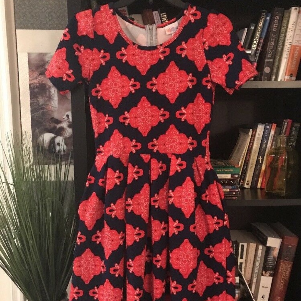 LuLaRoe Amelia Dress Blue Red Geometric Size XS